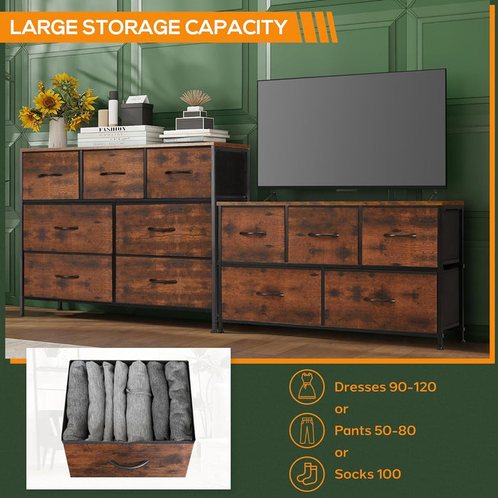 Bigleap 7 Drawer Dresser, Wide Chest Of Drawers Nightstand Storage Tower Storage Dresser Fabric Dresser With Wood Top for Living Room, Bedroom, Hallway, Nursery, Rust