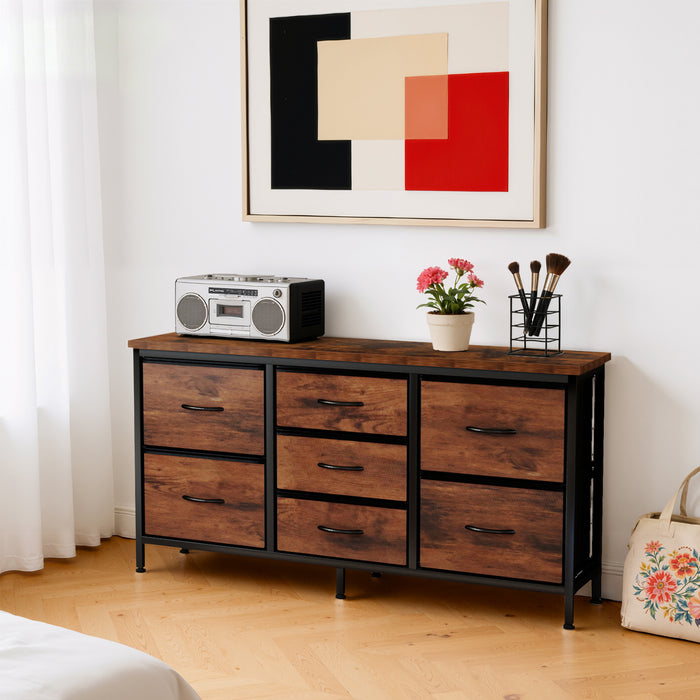 Simenmax 7-Drawer Fabric TV Stand & Storage Dresser – Versatile Media Console for Living Room, Bedroom, and Small Spaces, Brown