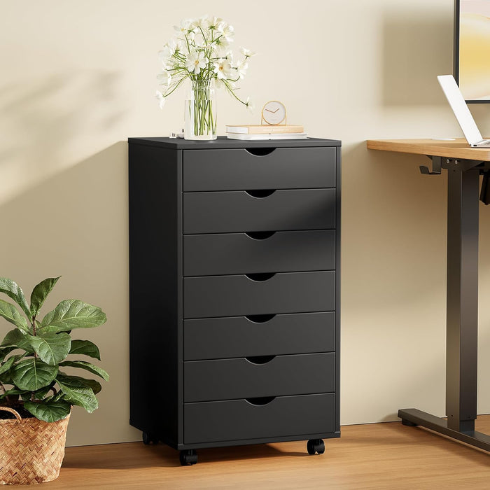 Sybels 7-Drawer Rolling Storage Cart, Mobile File Cabinet & Organizer Dresser with Wheels for Home Office, Wood Chest, Black