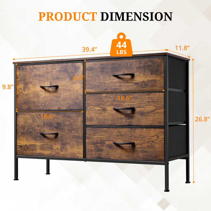 Bigleap 5-Drawer Fabric Dresser, Wide Storage Organizer Dresser for Bedroom, Living Room & Closet,Brown