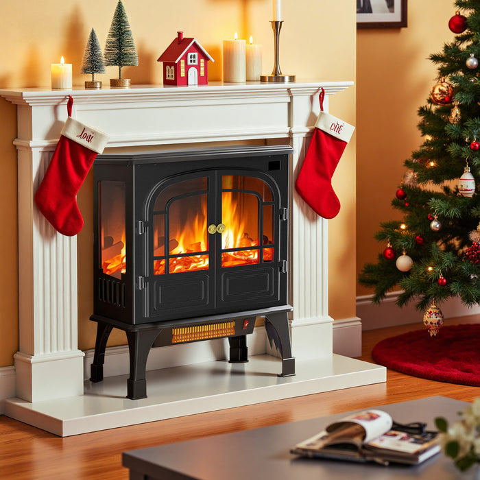 Simenmax Freestanding Electric Fireplace Heater, 26" Two Door Electric Fireplace Infrared Stove Heater, 3D Realistic Flame Effects, Adjustable Brightness and Heating Mode, Overheating Safe Design