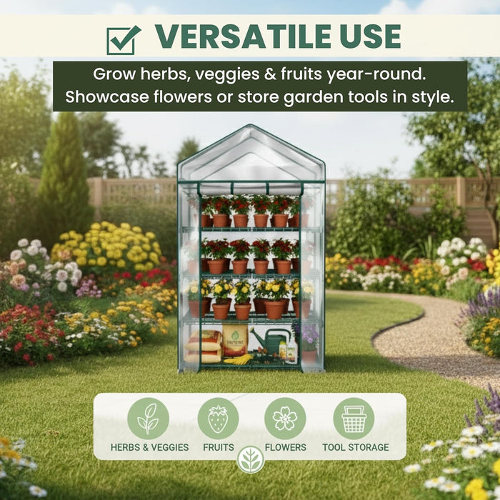 Simenmax 4-Tier Portable Mini Greenhouse, 27'' Plant Shelter with PVC Cover, Roll-Up Door & Stable Stand for Seedling, Herbs, Flowers,Clear