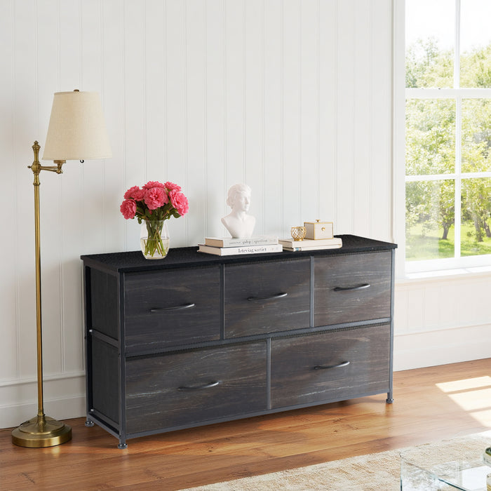 Bigleap 5 Drawers Dresser for Bedroom, Wide Dressers with Drawer Organizers, Chest of Drawers, Fabric Dresser for Living Room, Closet, Hallway,Black Wood