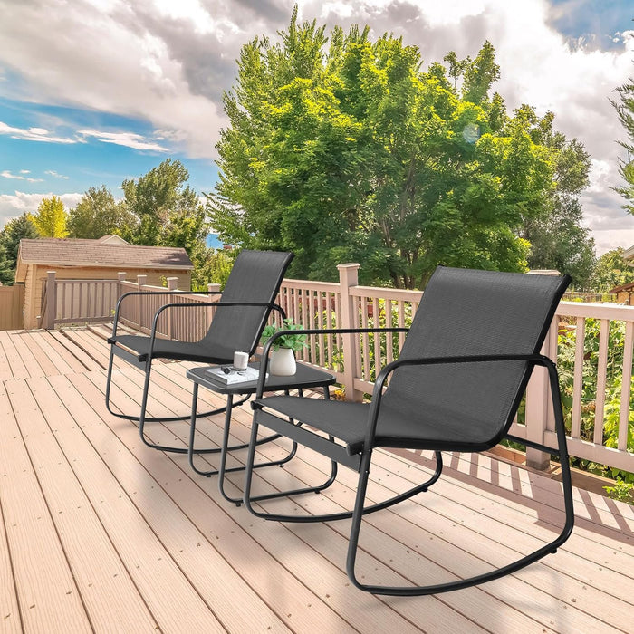 Simenmax 3-Piece Outdoor Rocking Set, Outdoor Furniture Set with Textilene Chairs & Glass-Top Table, Conversation Set of 3 for Porch, Lawn, Garden, Yard, Balcony, Poolside, Black
