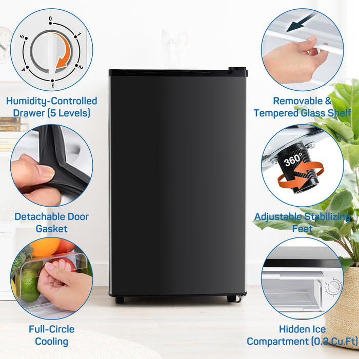 Sybels 3.2 Cu.Ft Mini Fridge with Freezer, Compact Single Door, Adjustable Thermostat & Low Noise, Perfect for Bedroom, Dorm, Office, Black