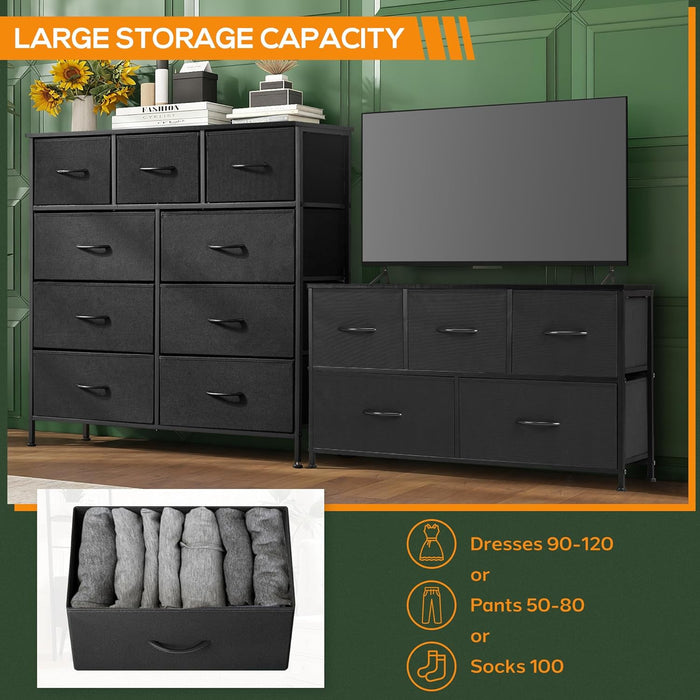9 Drawer Dresser, Wide Chest Of Drawers Nightstand Storage Tower Storage Dresser Fabric Dresser With Wood Top for Living Room, Bedroom, Hallway, Nursery, Black