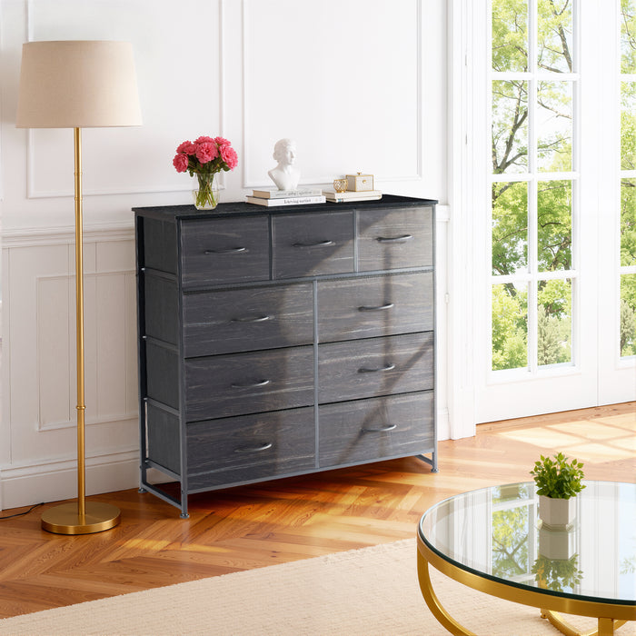 Bigleap 9 Drawers Dresser for Bedroom, Fabric Dresser with Sturdy Steel Frame, Wooden Top & Easy Pull Fabric Bins,Black Wood