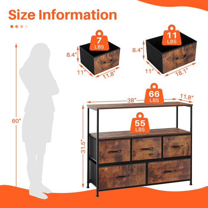 5 Fabric Drawer Dresser TV Stand for Bedroom, Entertainment Center for 45 Inch TV with Storage Drawer Unit, Open Shelf, Adjustable Feet, Living Room