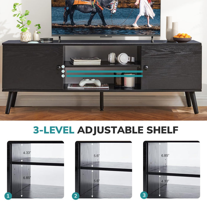 Yangming TV Stand for 55 60 inch TV, Modern Mid Century Entertainment Center with Storage, Black