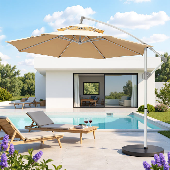 Simenmax 10FT Offset Cantilever Patio Umbrella, Outdoor Table Umbrella with 8 Sturdy Ribs, Market Table Parasol for Garden, Lawn, Backyard, Pool, Beige