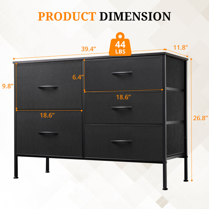 Bigleap 5-Drawer Fabric Dresser, Wide Storage Organizer Dresser for Bedroom, Living Room & Closet,Black