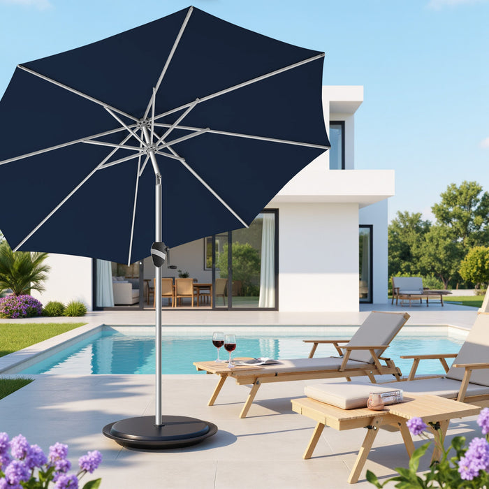 Simenmax 9FT Patio Umbrella with Push Button Tilt and Crank, Outdoor Table Umbrella with 8 Sturdy Ribs, Market Table Parasol for Garden, Lawn, Backyard & Pool, Dark Blue