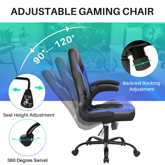 Simenmax Gaming Chair, Ergonomic Office Leather Racing Chair with Flip-up Armrest, Black Blue