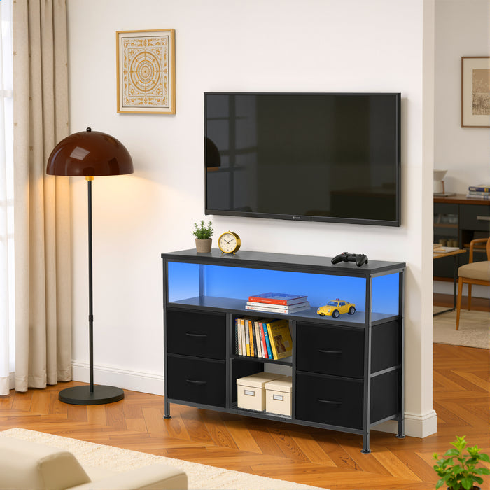 Bigleap Smart LED TV Stand with Charging Station & 4 Drawers – Fits 50 Inch TV, Adjustable Feet, Modern Media Console for Living Room & Bedroom, Black