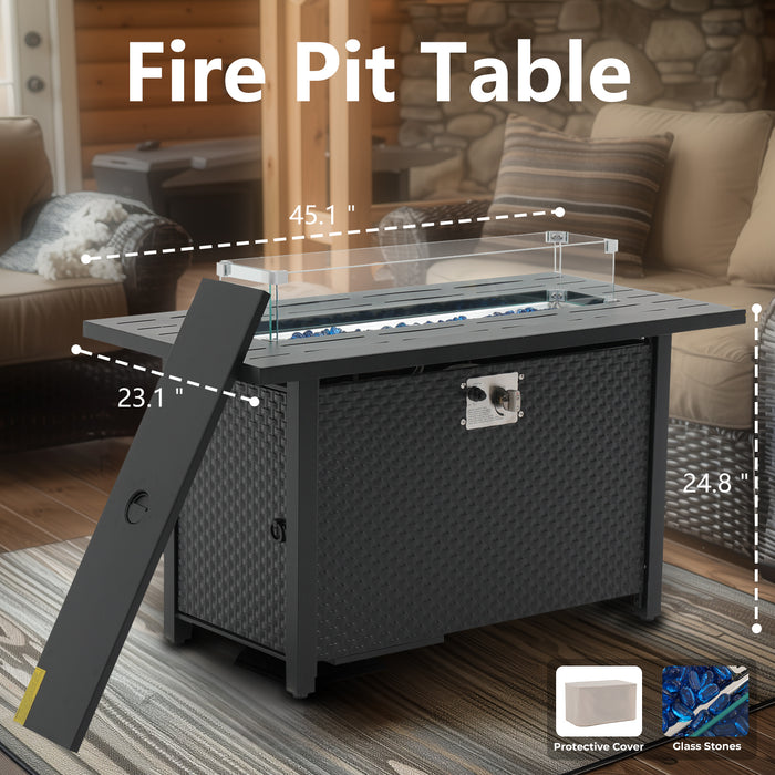 Betcozy Propane Fire Pit 45 Inch Rectangle Outdoor Gas Fire Pits, 50,000 BTU Fire Table with Steel Tabletop, Glass Wind Guard, Blue Glass Stone and Waterproof Cover for Outside Patio, Garden, Deck, Yard