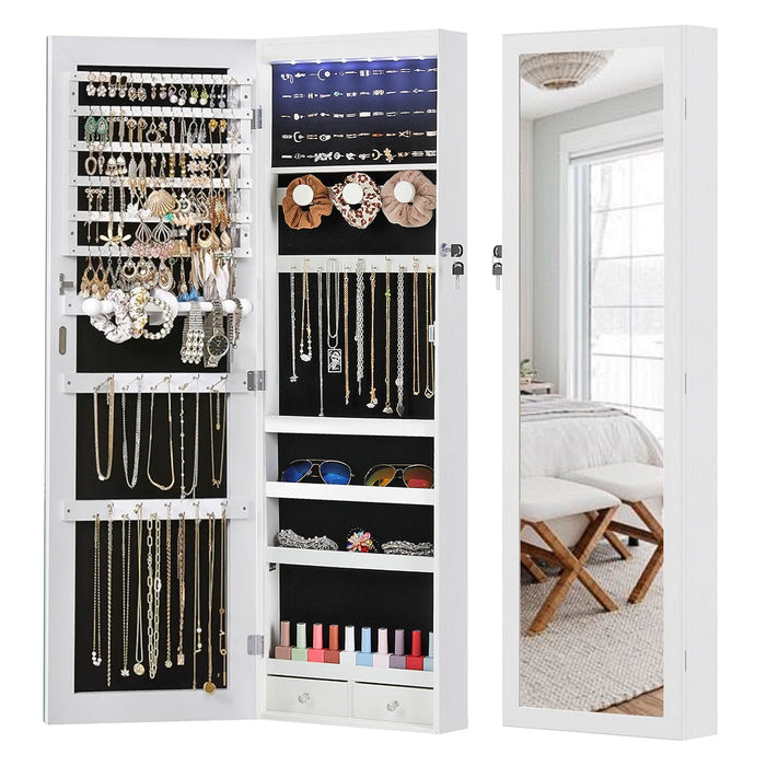 Simenmax Mirror Jewellery Cabinet Lockable Wall Mounted Jewelry Armoire Organizer with LED Light