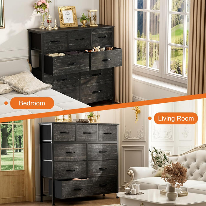 Simenmax 9 Drawers Dresser for Bedroom, Tall Fabric Closet Chests Organizer Tower Furniture with Wooden Top Metal Frame for Bed Room, Living Room, Hallway, Entryway,Black Wood