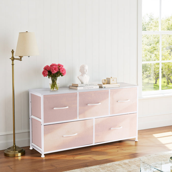Bigleap 5 Drawers Dresser for Bedroom, Wide Dressers with Drawer Organizers, Chest of Drawers, Fabric Dresser for Living Room, Closet, Hallway,Pink
