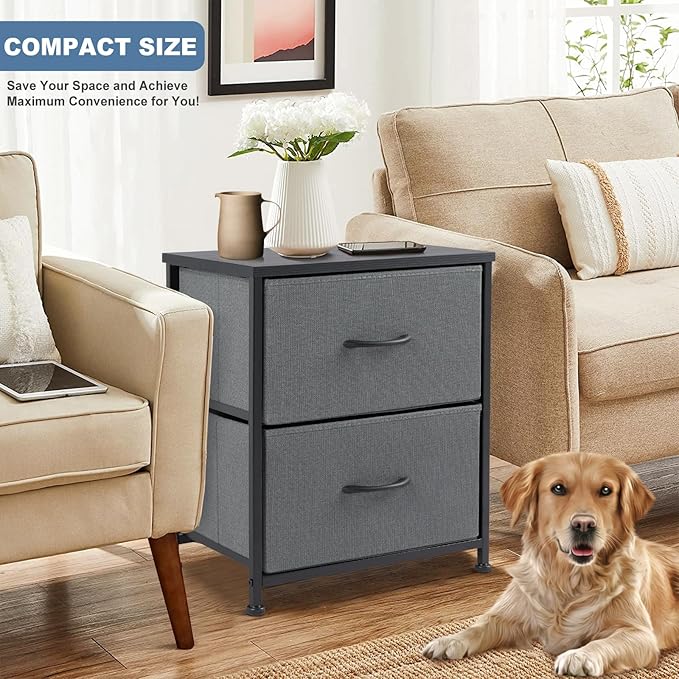Sybels 20" Tall Bedside Table with 2 Fabric Storage Drawers, Compact Night Stand Dresser with Wooden Top for Bedroom, Dorm Room,Gray (1Pack)