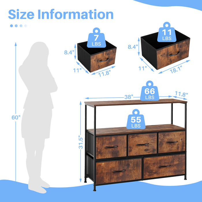 Bigleap TV Stand for Bedroom, TV Dresser for 45 inches, Media Console Table, Entertainment Center with 5 Fabric Drawers Cabinet and Open Storage Shelf Furniture Cabinet for Living Room, Brown