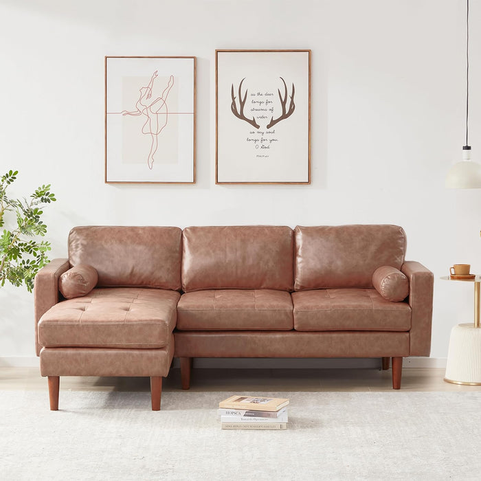 Yangming 80" W Sectional Sofa Couch, L Shaped Couch with Reversible Chaise, Mid Century Modern Leather Couches for Living Room Apartment Small Space, Convertible Sofa with Tufted Seat Cushion, Brown