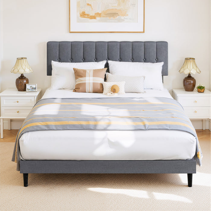 Yangming Queen Upholstered Platform Bed Frame with Linen Headboard Wood Slat, Dark Gray