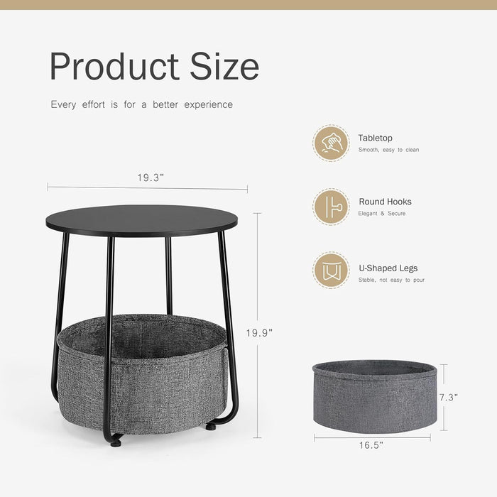 Small Round Side End Table for Living Room, Modern Nightstand Bedside Table with Fabric Basket for Bedroom - Black
