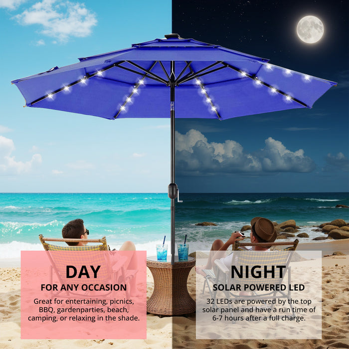 Betcozy 3-Tier Patio Umbrella, 9.2FT Vented Market Table Umbrella with Solar 32 LED Lights, Tilt Adjustment, for Garden, Deck, Backyard, Pool and Beach