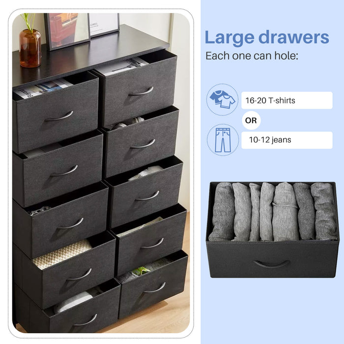 Bigleap 10 Drawer Dresser Organizer Storage Drawers, Chest of Drawers with Fabric Bin for Bedroom, Closet, Entryway,Black