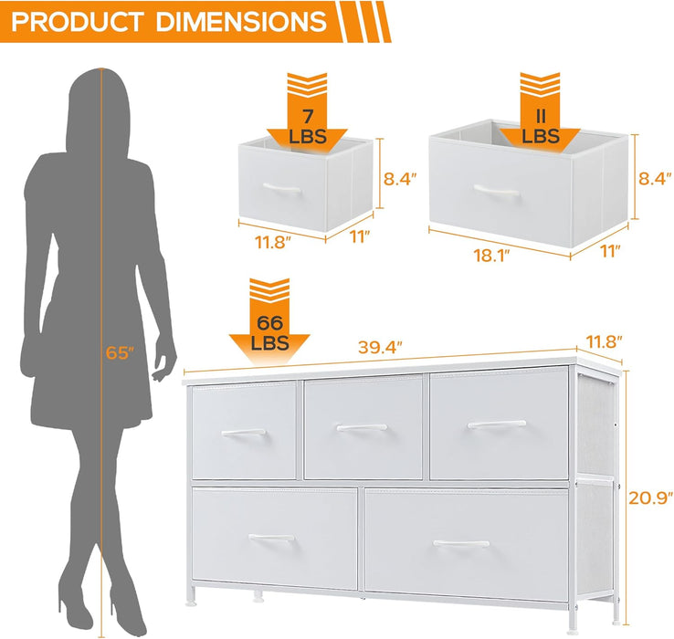 5 Drawer Dresser, Wide Chest Of Drawers Nightstand Storage Tower Storage Dresser Fabric Dresser With Wood Top for Living Room, Bedroom, Hallway, Nursery, White