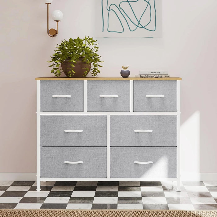 Simenmax 7 Drawer Dresser for Bedroom, Fabric Storage Dresser for Bedroom, Wood and Metal Dresser TV Stand for Living Room, Entryway Light Gray