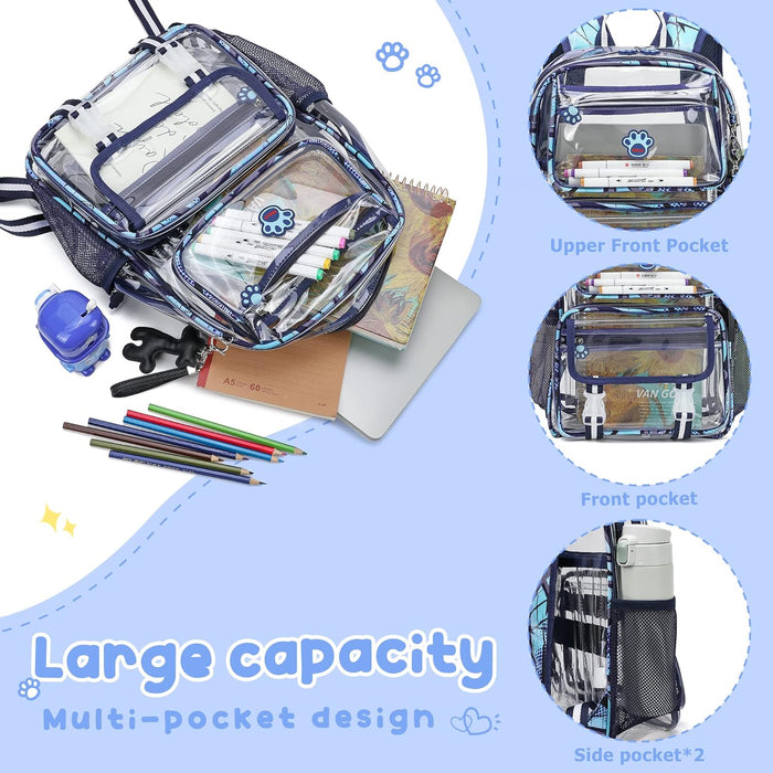 Clear Backpack for Boys, Cute Transparent Heavy Duty Stadium Approved PVC Kids School Book Bags With Free Pendant As Gift, Blue