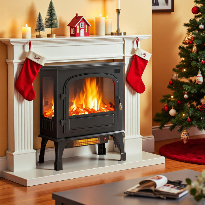 Simenmax Freestanding Electric Fireplace Heater, 26" Electric Fireplace Infrared Stove Heater, 3D Realistic Flame Effects, Adjustable Brightness and Heating Mode, Overheating Safe Design,1500W, Black