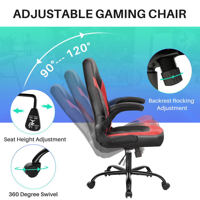 Simenmax Gaming Chair, Ergonomic Office Leather Racing Chair with Flip-up Armrest, Black Red