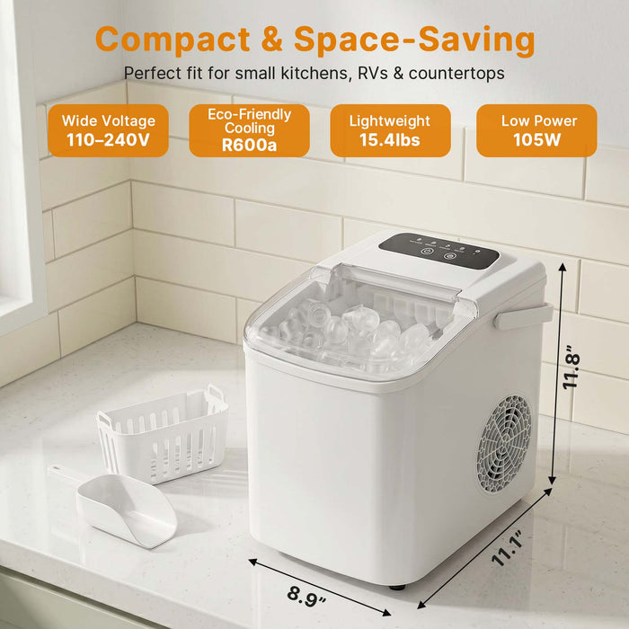 TINKLE WELL Ice Maker Machine, Countertop Portable Ice Maker with Handle, 26 lbs/Day Bullet Ice Cubes, Self-Cleaning Ice Machine with Basket and Scoop for Home, Party, RV, Camping