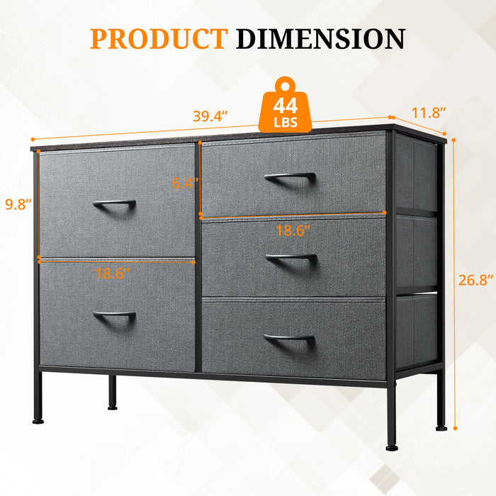 Bigleap 5-Drawer Fabric Dresser, Wide Storage Organizer Dresser for Bedroom, Living Room & Closet,Gray