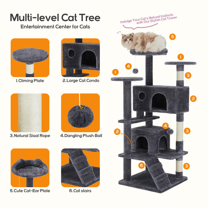 Bigleap Cat Tree, 54-Inch Cat Tower for Indoor Cats with Sisal Scratching Post, Cat Play House, Large Kitty Condo, Plush Multi-Level with Climbing Ladder，Gray