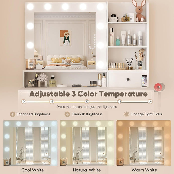 TINKLE WELL Vanity Desk with Mirror & LED Lights, Makeup Cabinet with 3 Drawers & 3 Shelves, Power Outlet & 3 Adjustable Lighting, White