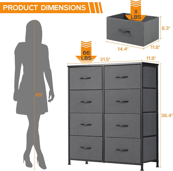 Bigleap 8 Drawer Dresser, Tall Chest Of Drawers Nightstand Storage Tower Storage Dresser Fabric Dresser With Wood Top for Living Room, Bedroom, Hallway, Nursery, Grey