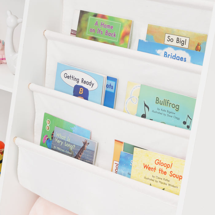 Simenmax Kids Bookshelf and Toy Storage Organizer, 4-Tier Wooden Sling Book Shelf for Kids, Bookshelf with Toy Storage Cabinet for Bedroom, Playroom