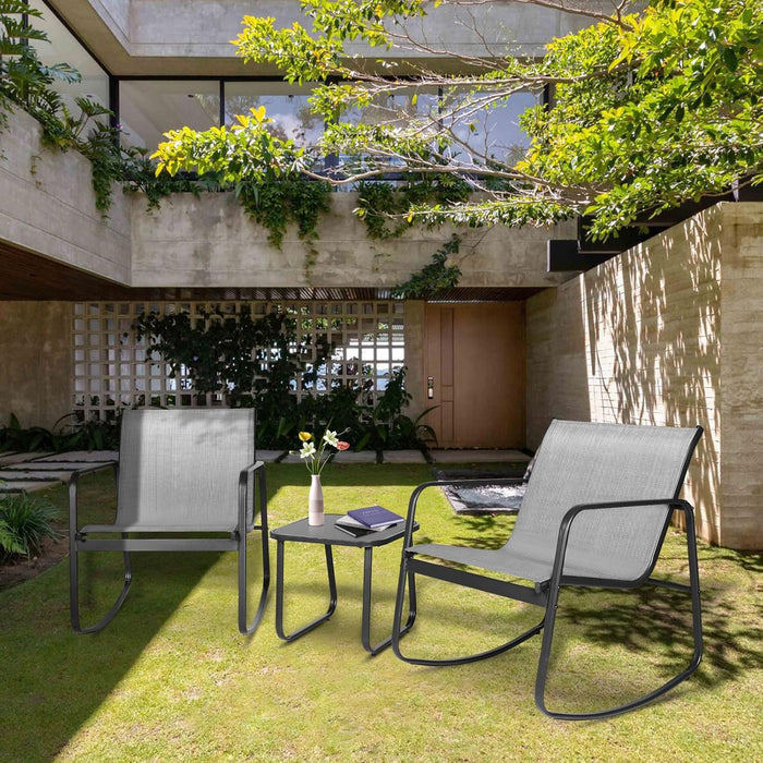 Simenmax 3-Piece Outdoor Rocking Set, Outdoor Furniture Set with Textilene Chairs & Glass-Top Table, Conversation Set of 3 for Porch, Lawn, Garden, Yard, Balcony, Poolside, Gray