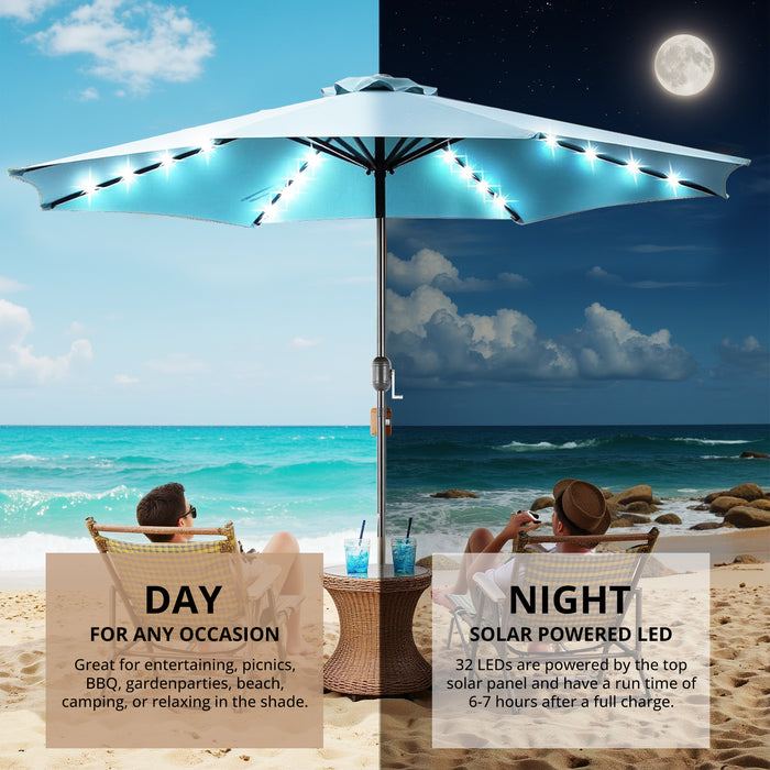 Betcozy Patio Umbrella with 32 LED Lights, 10FT Outdoor Solar Umbrellas with Push Button Tilt and Crank, 8 ribs, for Market, Beach, Pool,Garden, Deck, Khaki
