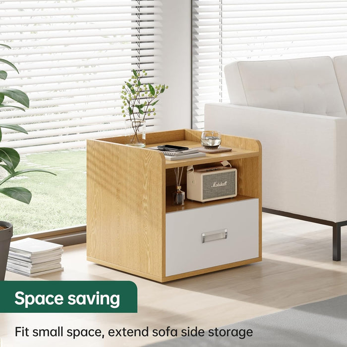 TINKLE WELL Modern Nightstand, Solid Hardwood with Drawer & Open Shelf, Natural Farmhouse Maple Wood Finish, Bedside Table for Bedroom
