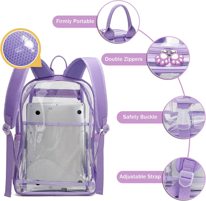 Large Clear Backpack for Girls, Cute Transparent Heavy Duty Stadium Approved PVC Kids School Book Bags With Free Pendant As Gift, Purple