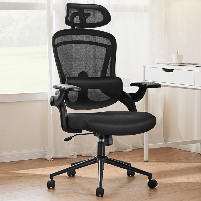 Betcozy Ergonomic Office Chair, Mesh Chair with High Back, Lumbar Support, Headrest and Flip-up Armrests, Rolling Work Swivel Task Chairs for Home Office, Black