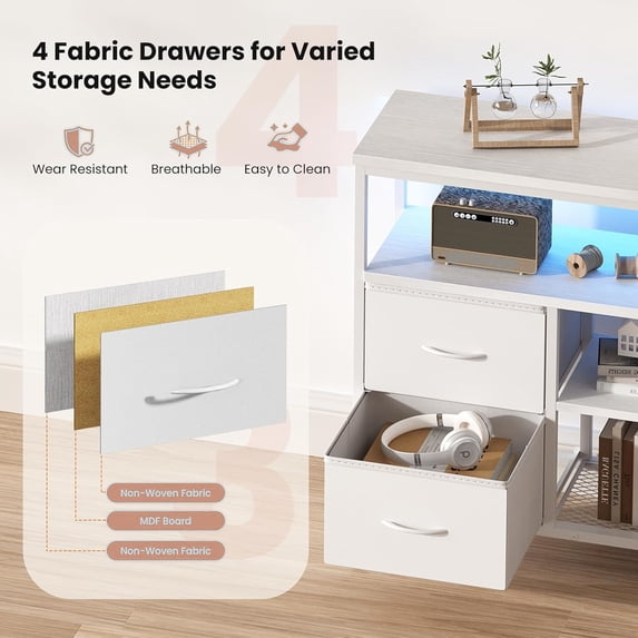 Parcus TV Stand Dresser for Bedroom, All-in-One Entertainment Center with LED Lights and Power Outlets, Features 4 Drawers and Open Shelf Storage, Fits 50 Inch TV with Adjustable Feet