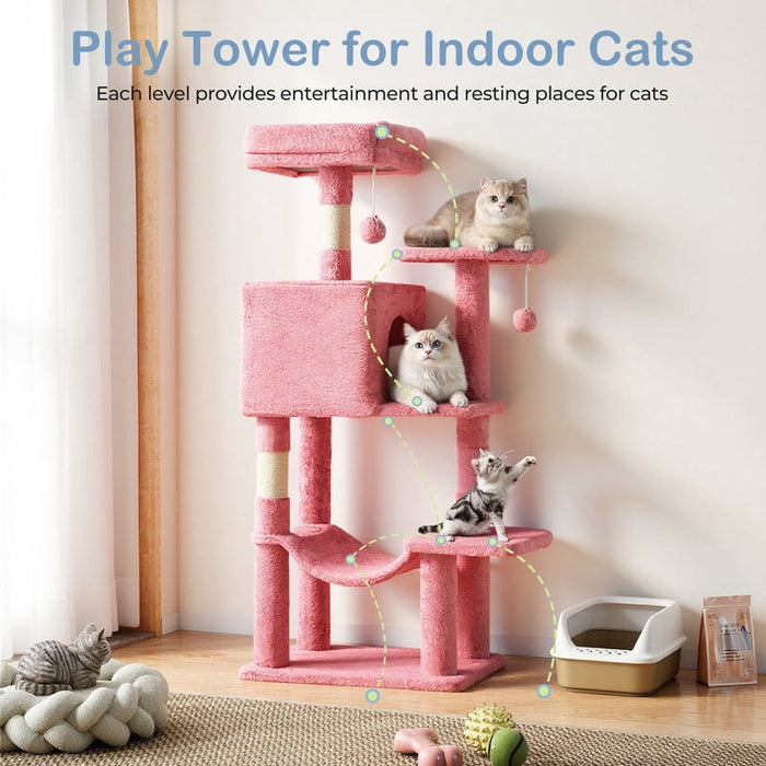 Bigleap 44” Pink Cat Tree Tower for Indoor Cats, Multi-Level Climbing Activity Center with Hammock, Scratching Posts & Cozy Condo