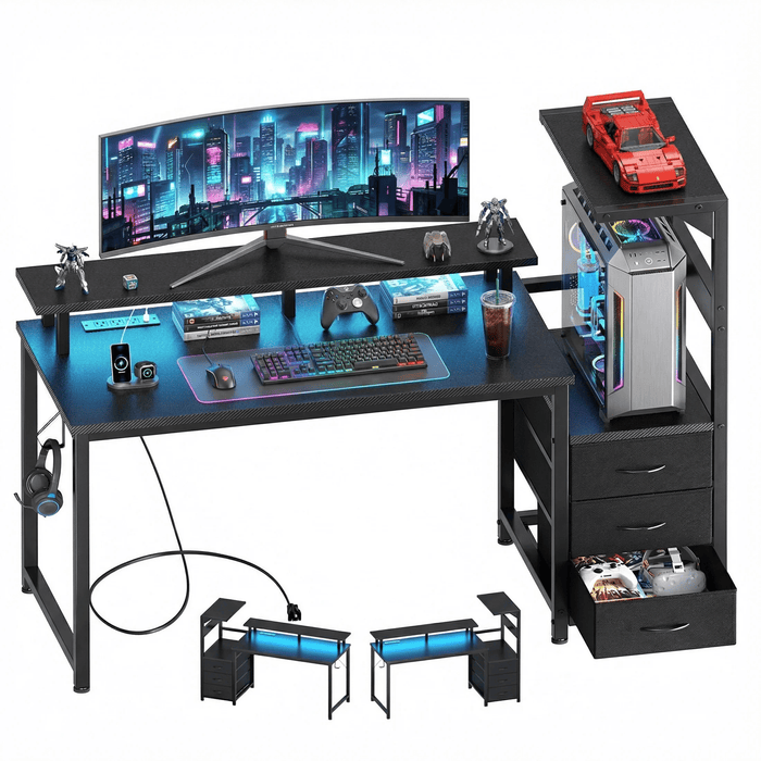Taoset Reversible Gaming Desk with LED Lights, Power Outlet & 3 Fabric Drawers, 52" Carbon Fiber Computer Desk with Full Triple Monitor Riser, CPU Storage Tower Headset Hook for Home Office Dorm, Black