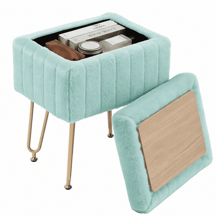 Blorly Vanity Storage Ottoma with Tray Top, Faux Fur Footrest Stool with Gold Hairpin Legs, Padded Vanity Seat for Living Room & Bedroom, Mint Green