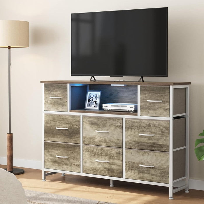 Bigleap LED TV Stand with Charging Station, Music-Sync Light Up Entertainment Center, 8 Fabric Drawer Dresser for Bedroom & Living Room, OAK(Fits 45-55 inch TV)
